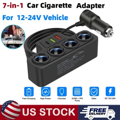 7-in-1 4Way Car Cigarette Lighter Socket Splitter Fast Charger Power Adapter 12V - Imagen 1 de 4