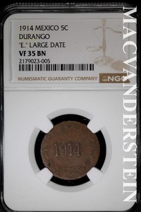 Mexico: 1914 Five Centavos- Durango- NGC VF 35 BN- "E" Large Date #SLA1101