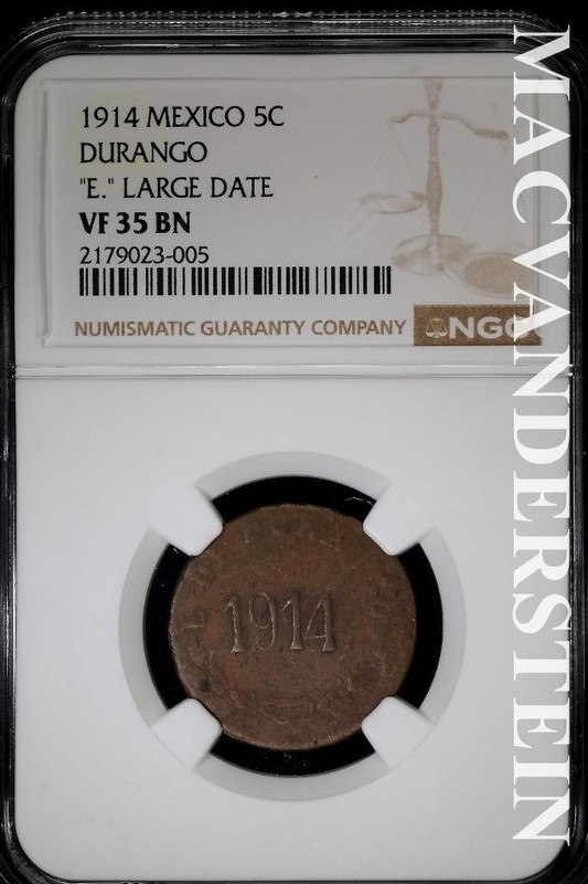 Mexico: 1914 Five Centavos- Durango- NGC VF 35 BN- "E" Large Date #SLA1101