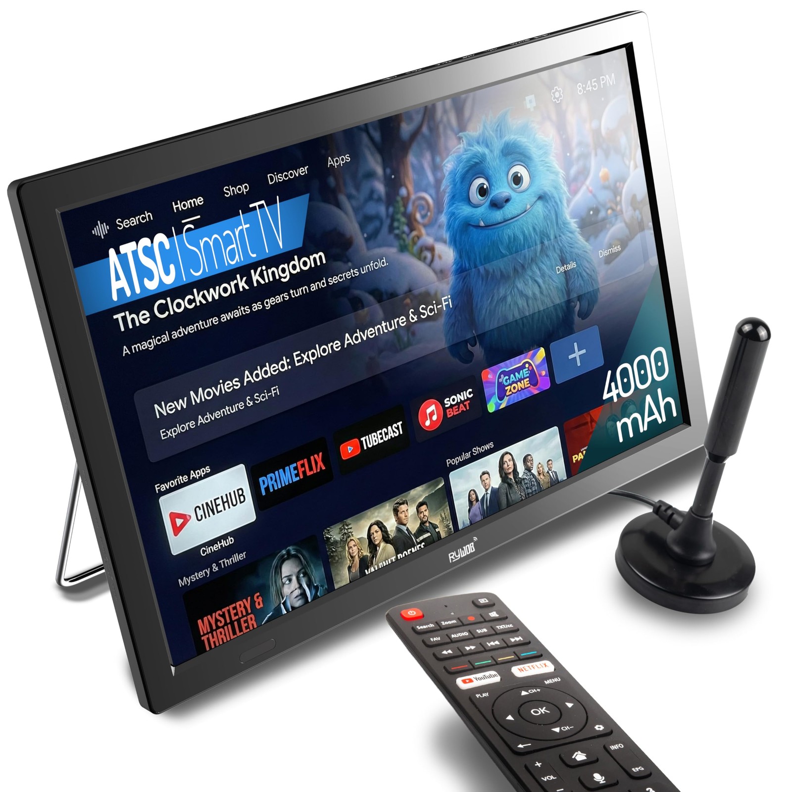 Rywob 15.6" Small Smart TV,Built-in Digital Tuner4000mAh Rechargeable Battery TV