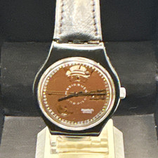 swatch irony quartz analog unisex watch date brown dial ss case leather 34mm