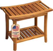 Premium 22" Teak Wood Shower Bench with Shelf, 2-Tier Waterproof Teak Shower Sto