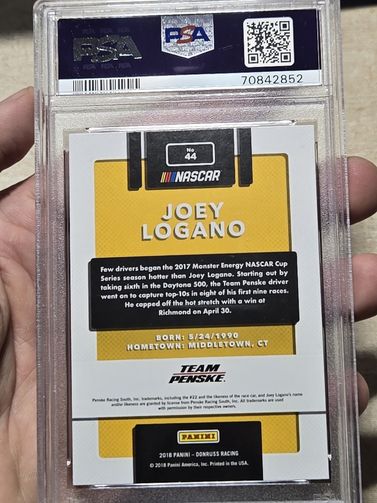 Joey Logano - two PSA 9 graded cards: 20 Chronicles + 18 Donruss "sliced bread" view 5