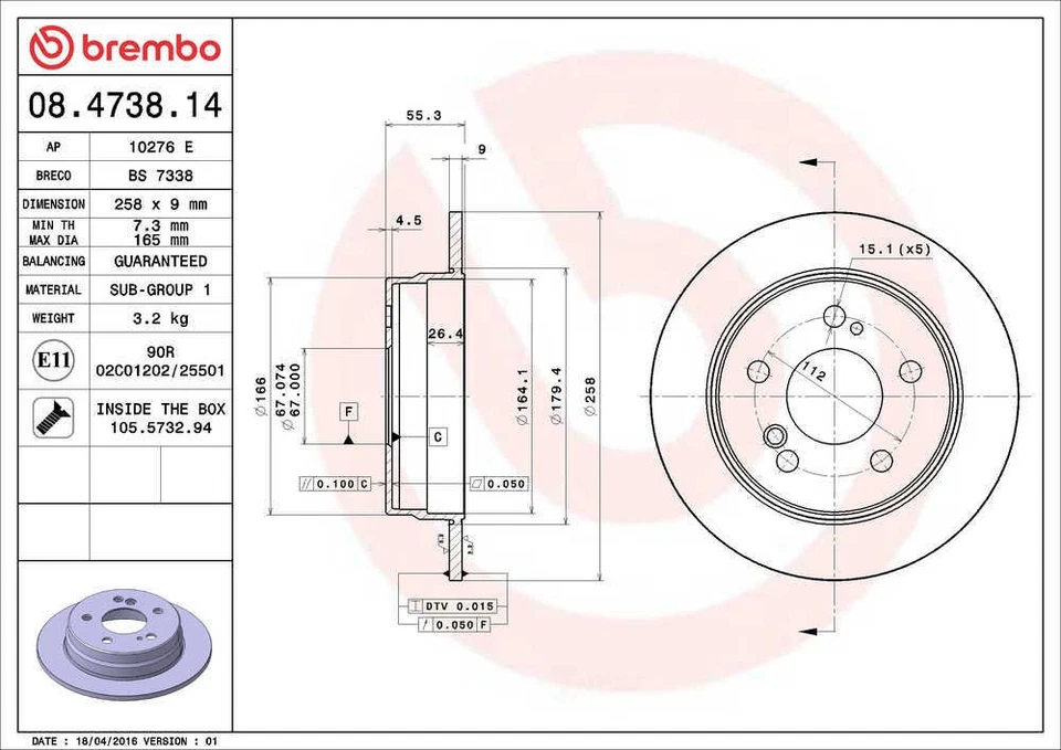Rotor de freno de disco compatible con Mercedes-Benz 300E 190E 190D 1984-1995 Brembo North Ameri Foto 2 de 4