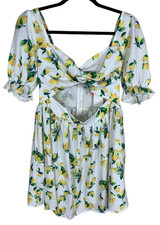Women's Cider White Lemon Print Short Puff Sleeve Cut Out Mini Dress Size L
