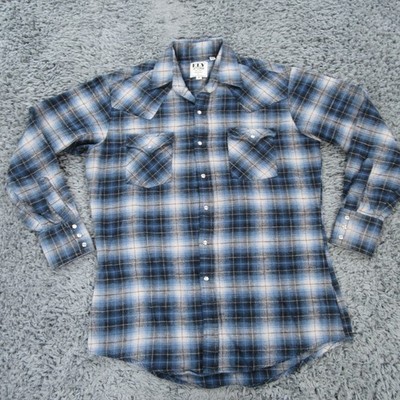 Ely Cattleman Shirt Men Medium Blue Plaid 100% Cotton Pearl Snap Western Flannel