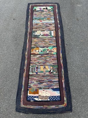 Pre 1900 s ANTIQUE RARE PICTORAL AMERICAN HOOKED RUG 3x9 HISTORY OF THE AMERICAS