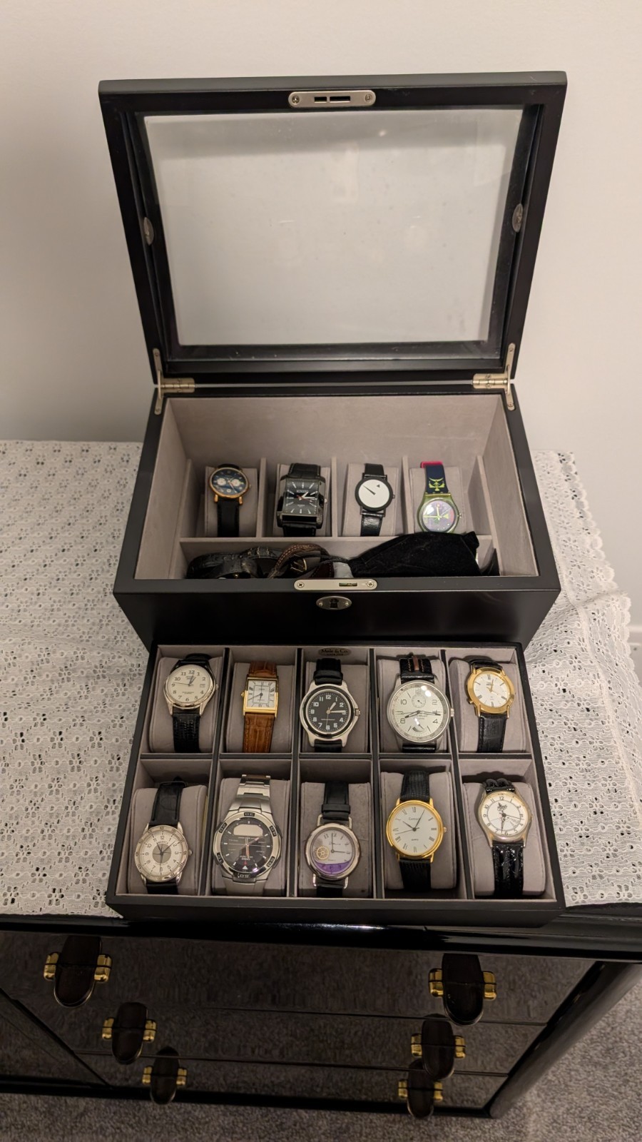 MAKE OFFER-Watch Collection of Various Pre-Owned Watches Displayed in Black Case