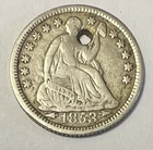 1853 Seated Liberty Half Dime Silver Holed  Lot 655