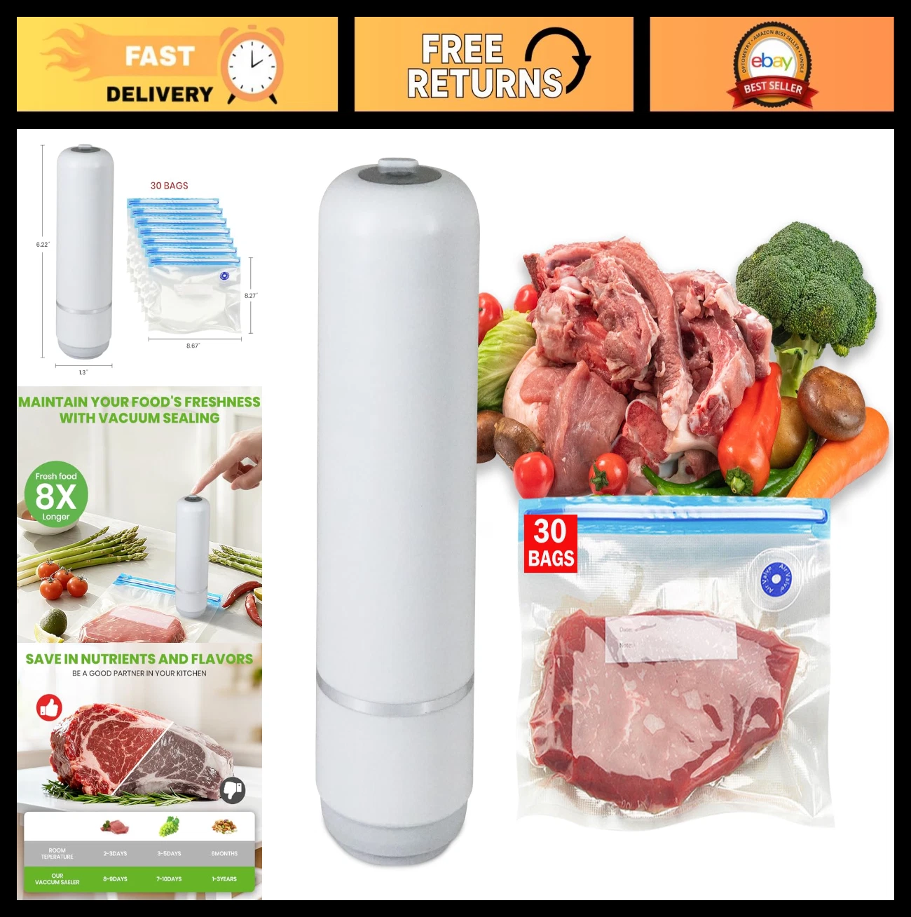 Compact Handheld Vacuum Sealer for Food Storage, 30 Reusable Sous Vide Bags, Ide