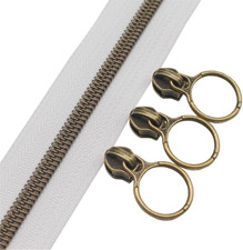 5 Antique Brass Metallic Nylon Coil Zippers by The Yard Bulk White Tape 10 Yard