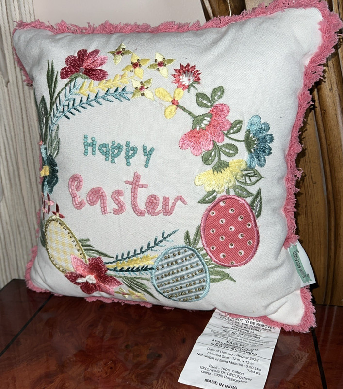 Bunny Boulevard 12" X 12" Beaded Embroidered Throw Pillow Happy Easter Egg