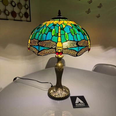 E-TRADEMART Dragonfly style Tiffany Table Lamp Green & Yellow Creative Art 16" Shade Decor