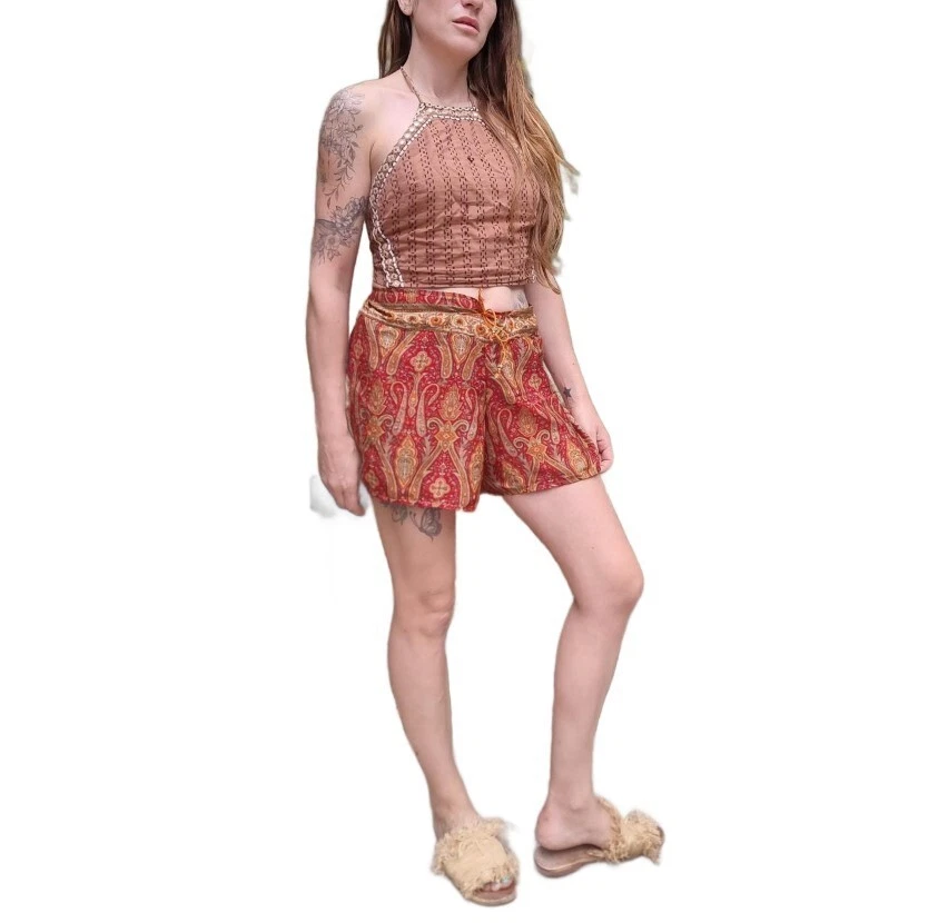 Pantalones Cortos 100% Seda S M Festival Capri Ligeros Aireados Verano Playa De Colección Boho Hippie Foto 2 de 4