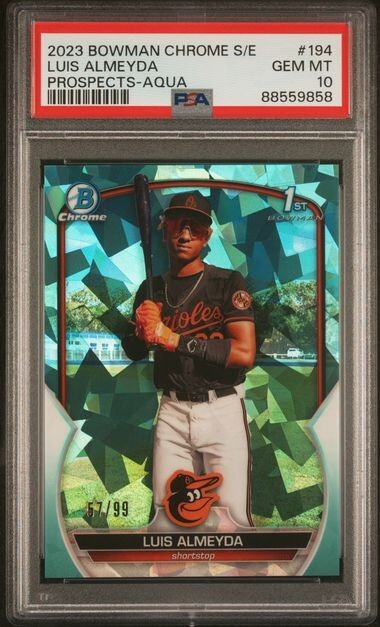 Luis Almeyda 2023 Bowman Chrome Prospects Sapphire Aqua #BCP194 57/99 PSA 10