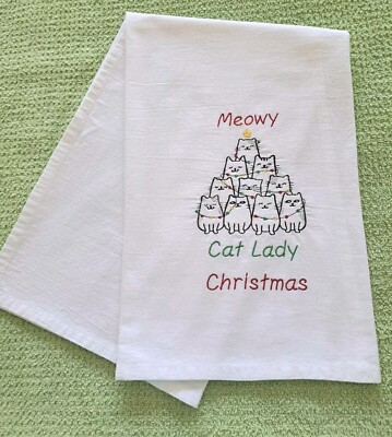 Christmas Cats Kitchen Towel Meowy Cat Lady Embroidered Tea Towel Gift