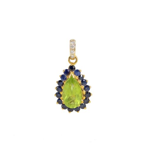 18K Solid Yellow Gold Pendant Peridot & Blue Sapphire Gemstone Pendant Necklace - 第 1/5 張圖片