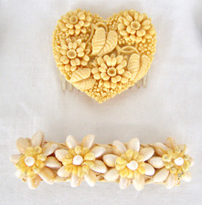 TRUE VINTAGE HEART-SHAPED BAKELITE HAIR COMB  HAND-SEWN SHELLS ON HAIR BARRETTE