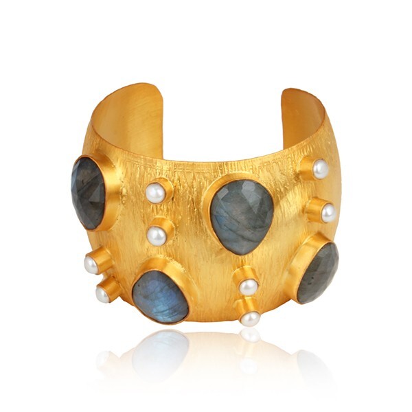 Wide Texture Cuff Bangle In Gold Plated Labradorite Pearl Open Bracelet Jewelry
