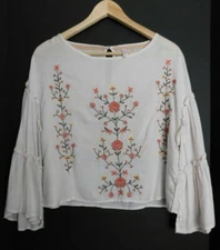 Xhilaration Women Top Blouse Cream Size XS Embroidered Ruffle Bell Sleeves