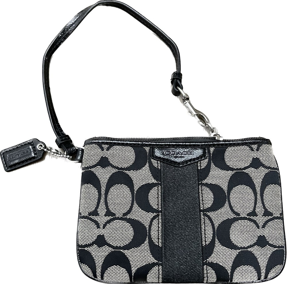 Coach Small Black Logo Zip Signature Canvas Wristlet w/ Interior Card Slots