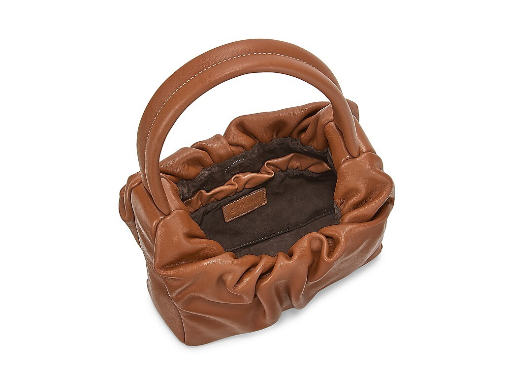 STAUD The Felix Bag Ruched Leather Top Handle in Tan Brown MSRP