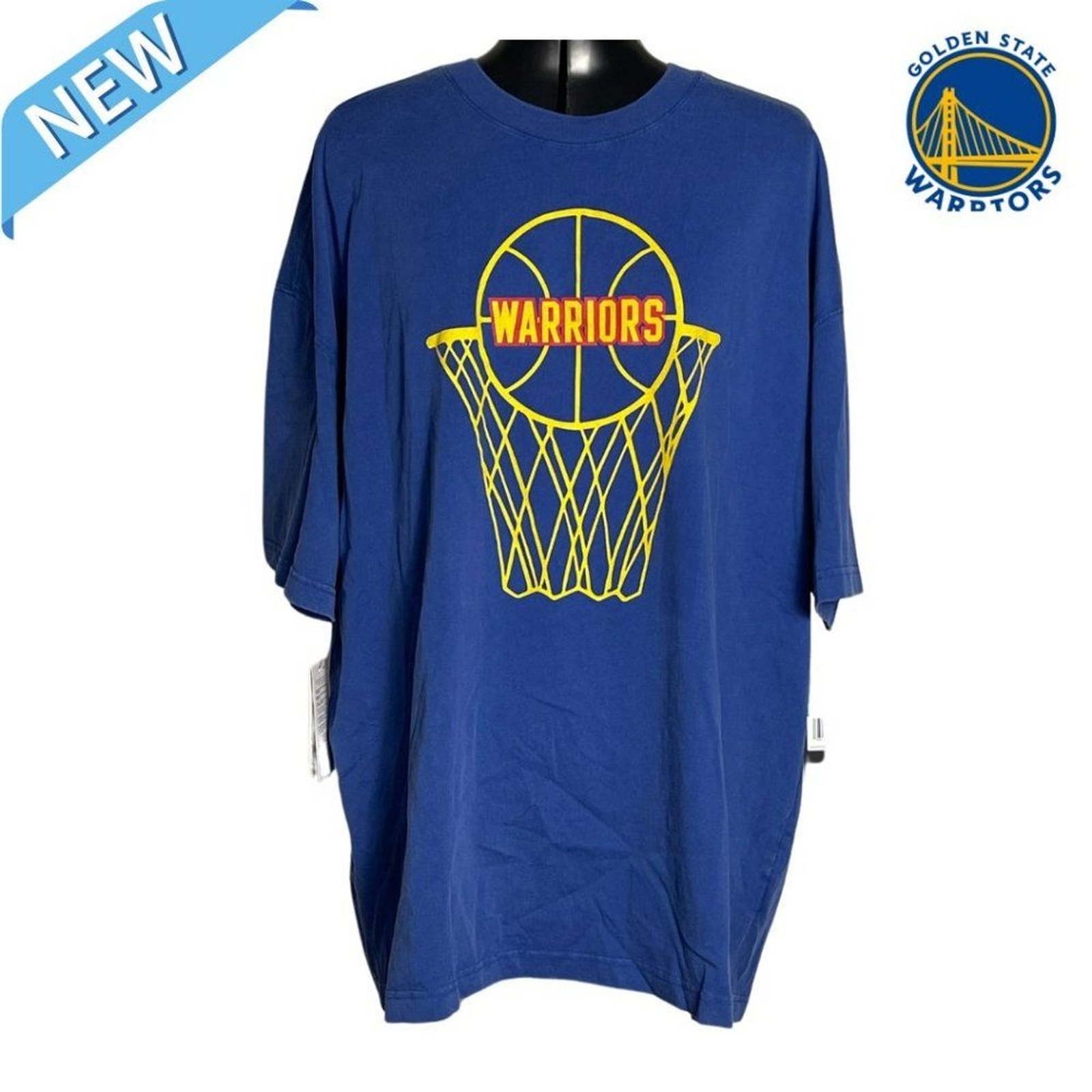 NBA Golden State Warriors Shirt Tags Blue Yellow Short Sleeve Loose Fit Size XL
