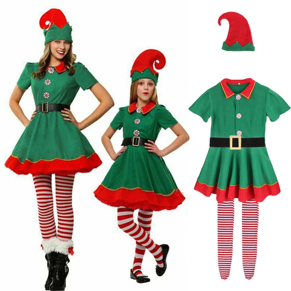 Christmas Elf Costume Adult Kids Family Fancy Dress Santa Helper Cosplay Outfits - Image 4 of 4