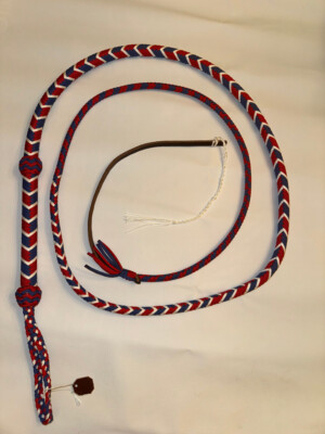 Bull Whip - Red & White & Blue Paracord Nylon on Leather 16 Ply -  5ft Handmade