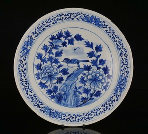 LARGE Antique Chinese Blue and White Porcelain Bird Flower Plate Charger 19th C