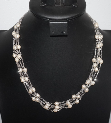 Silver Tone Natural Pearl 5 Strand Necklace 21" - 第 1/6 張圖片