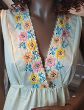 Vintage 70s Sears Yellow Nylon Nightgown Robe 2 pc Set Embroidery Yoke 38 Bust