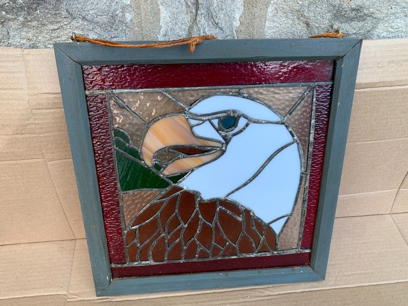 Bald Eagle VTG Leaded Stained Glass Window Pane Transom Panel Wall Mount 14X14"