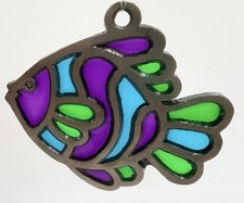 Vntg Stained Glass Fish Decorative Window Sun Catcher Purple Green Heavy