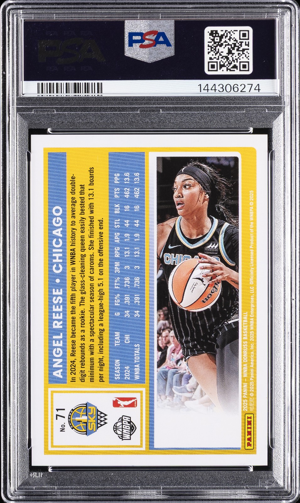 2025 PANINI DONRUSS WNBA PURPLE LASER #71 ANGEL REESE 56/99 PSA 9 view 2