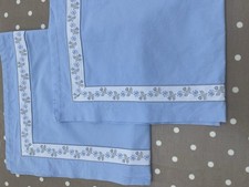 Two Square French Vintage Cotton Pillowcases Blue With Rose Embroidered Edge