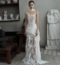 Elegant Sheath Ruffle Wedding Dresses Party Sleeveless Strapless Prom Sexy Gowns