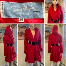 Vintage THIERRY MUGLER Size 6 /Small Red Angora/Alpaca Shawl-Hooded Belted Coat