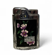 Vintage Ronson NJ Capri Purple Flowers Chrome Black Cute Lighter Not Engraved