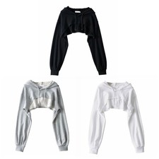 Women Long Sleeve Hoodie Crop Top Cutout Solid Color Cropped Sweatshirt Cover Up