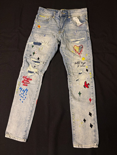 First Row Denim Men’s Jeans 30x32 Light Wash Distressed Embroidered Graphic