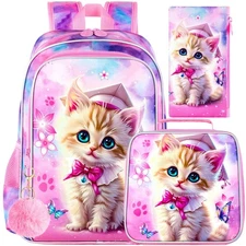 3PCS Girls Cat Bookbag 16" Kids Backpackwith Lunch Box Water Resistant School...