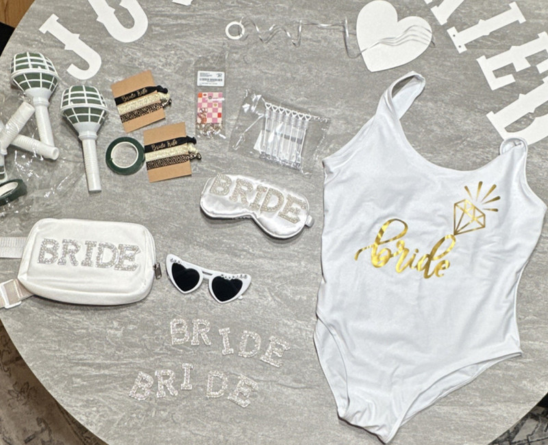 Bride/Just Married swimsuit, accessories, banner; bag,  flower holder etc