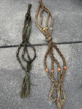 Vintage Macrame Plant Hanger Brown/ Green Wooden Beads 60inch 45 Inch Boho 70s