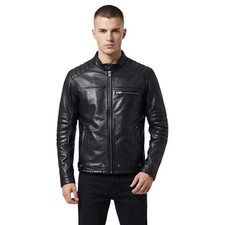 Men's Black Genuine Leather Jacket Zip Up Biker Style Casual Style