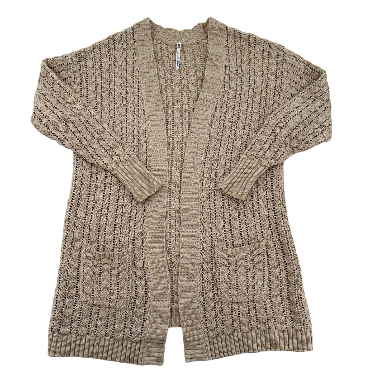 Leo & Nicole Womens Tan Open Front Cardigan Sweater Knit Pockets Beige Large