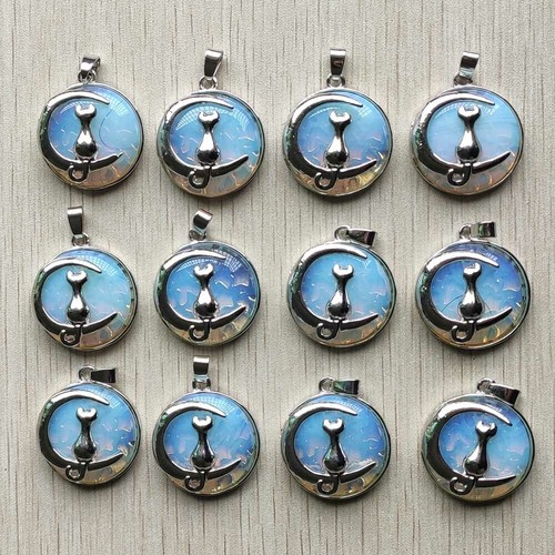 Wholesale 12pcs Opal Stone Moon Cat Metal Alloy Pendants DIY Necklace Jewelry - Picture 3 of 4