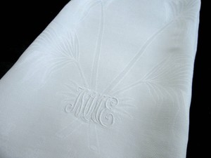 Antique Vintage White Bath Length Tropical Palms Damask Linen Towel Monogram