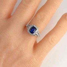 1.97 Carat Cushion Cut Fine Ceylon Sapphire and White Shiny CZ Halo Wedding Ring