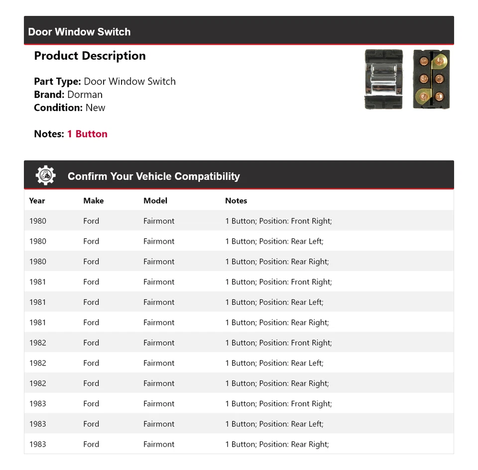 Interruptor de ventana de puerta para Ford Fairmont Dorman 1980-1983 1981 1982 Foto 2 de 4
